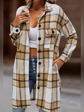 Long Plaid Button-Up Shacket in Tan and White